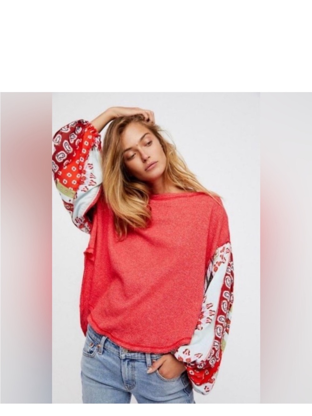 We The Free Blossom Thermal Top with Balloon Patchwork Sleeves-XS